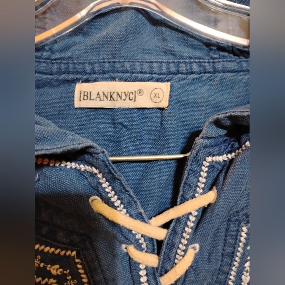 Blue Hooded Lace-Up Top BLANKNYC (R) WOMEN'S XL Embroidery Corded Pocket Cotton - Picture 2 of 11